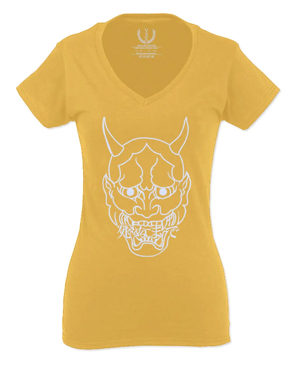 BIG Japanese Art White Demon Hannya Graphic Traditional Till Death Vibes Anime For Women V neck fitted T Shirt