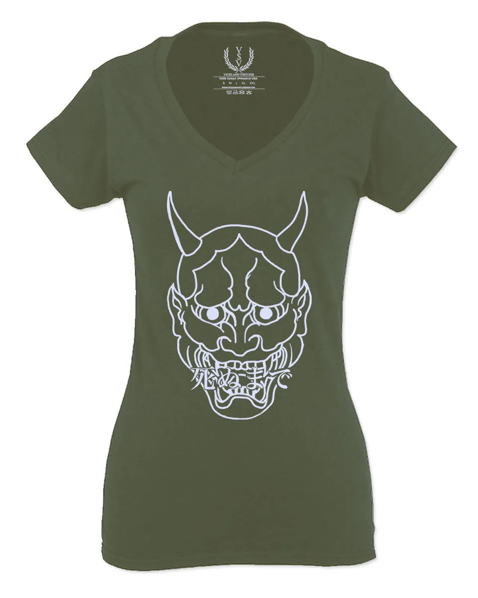 BIG Japanese Art White Demon Hannya Graphic Traditional Till Death Vibes Anime For Women V neck fitted T Shirt