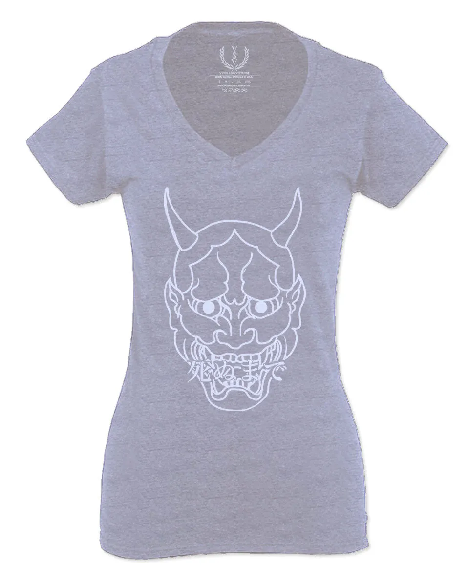 BIG Japanese Art White Demon Hannya Graphic Traditional Till Death Vibes Anime For Women V neck fitted T Shirt