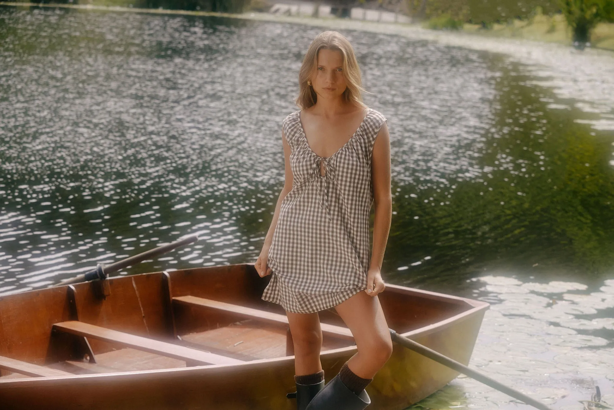 Birdie Gingham Mini Dress Brown