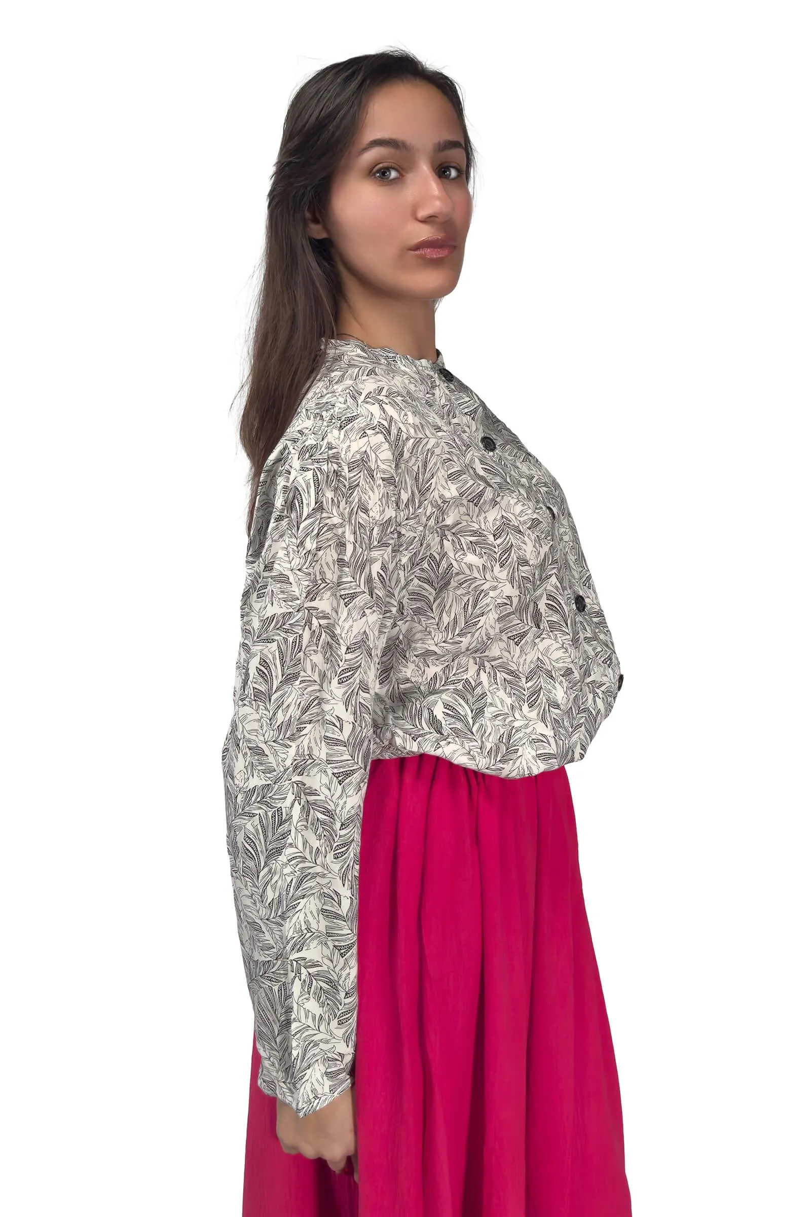 Black and Ivory Feather Imprint Cotton Blouse