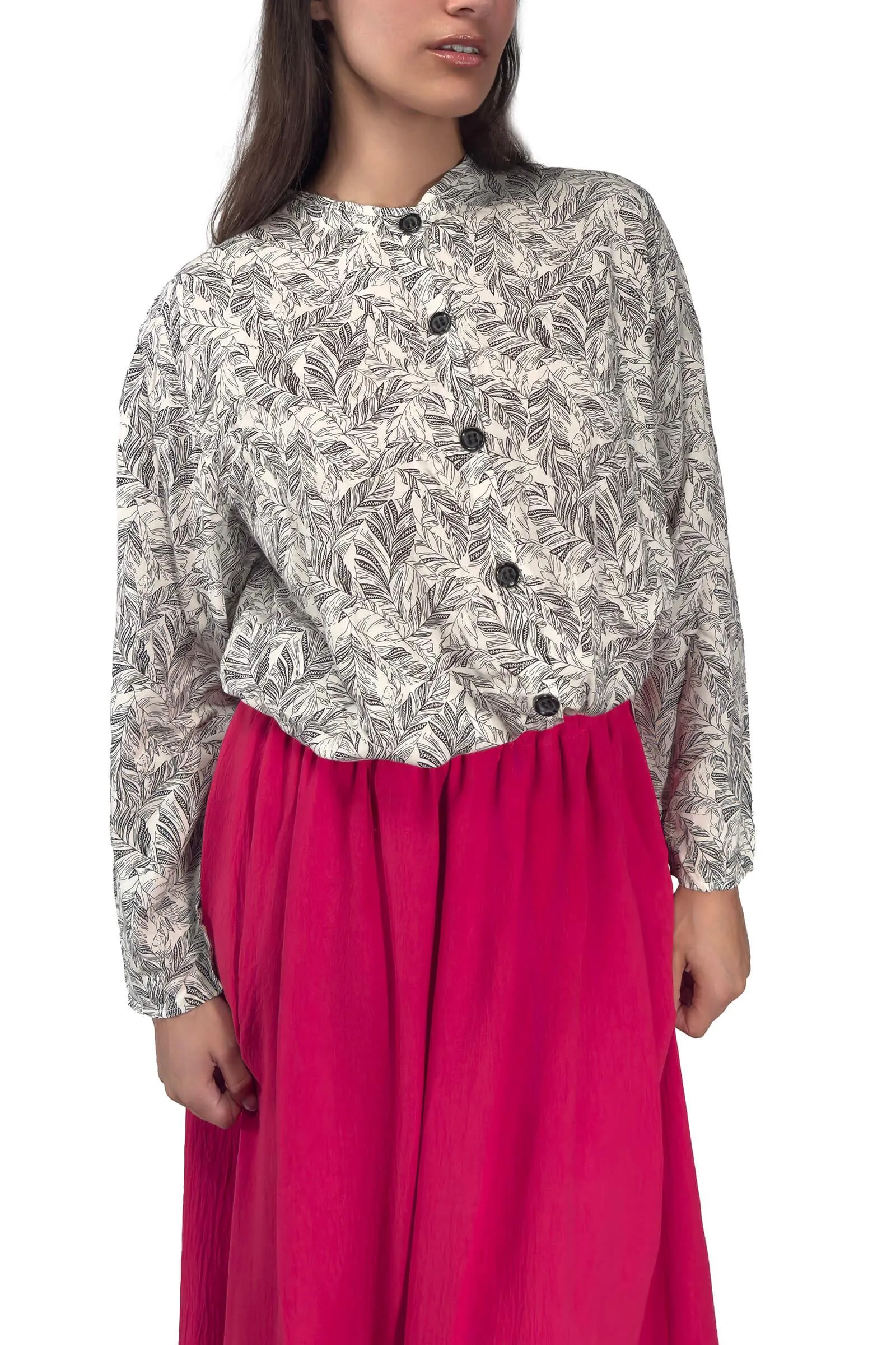 Black and Ivory Feather Imprint Cotton Blouse