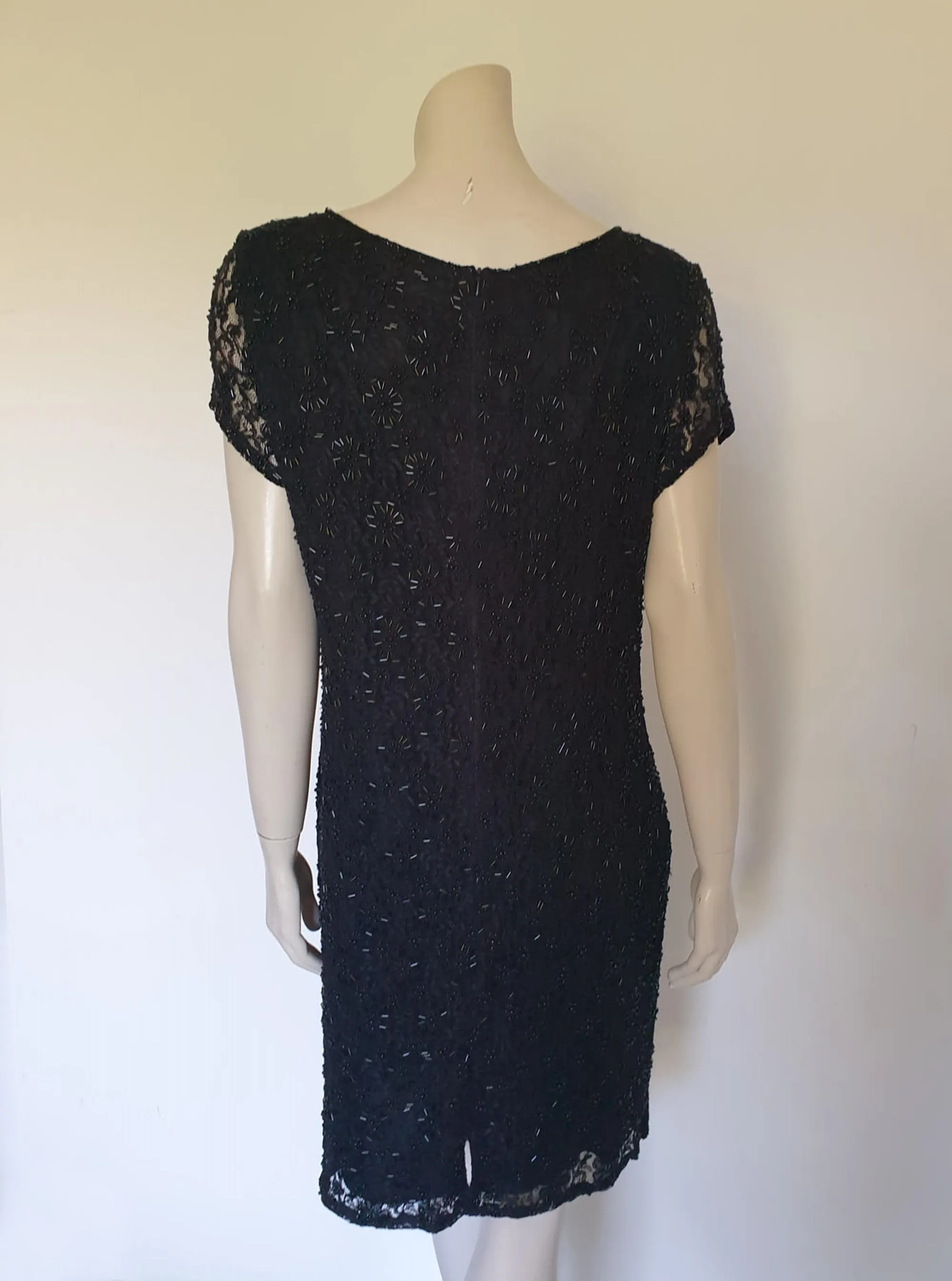 Black Beaded Lace Cocktail Dress - L