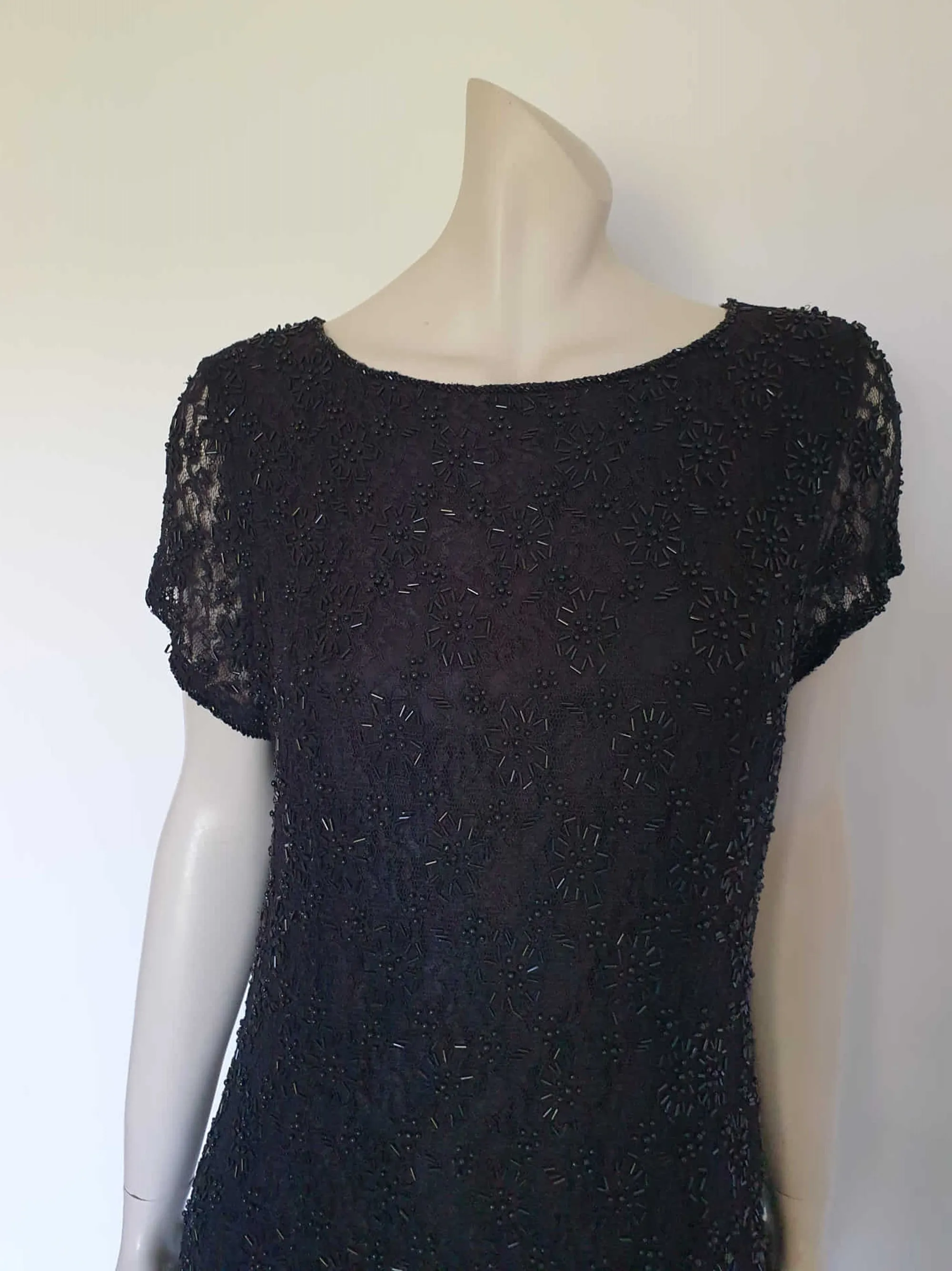 Black Beaded Lace Cocktail Dress - L
