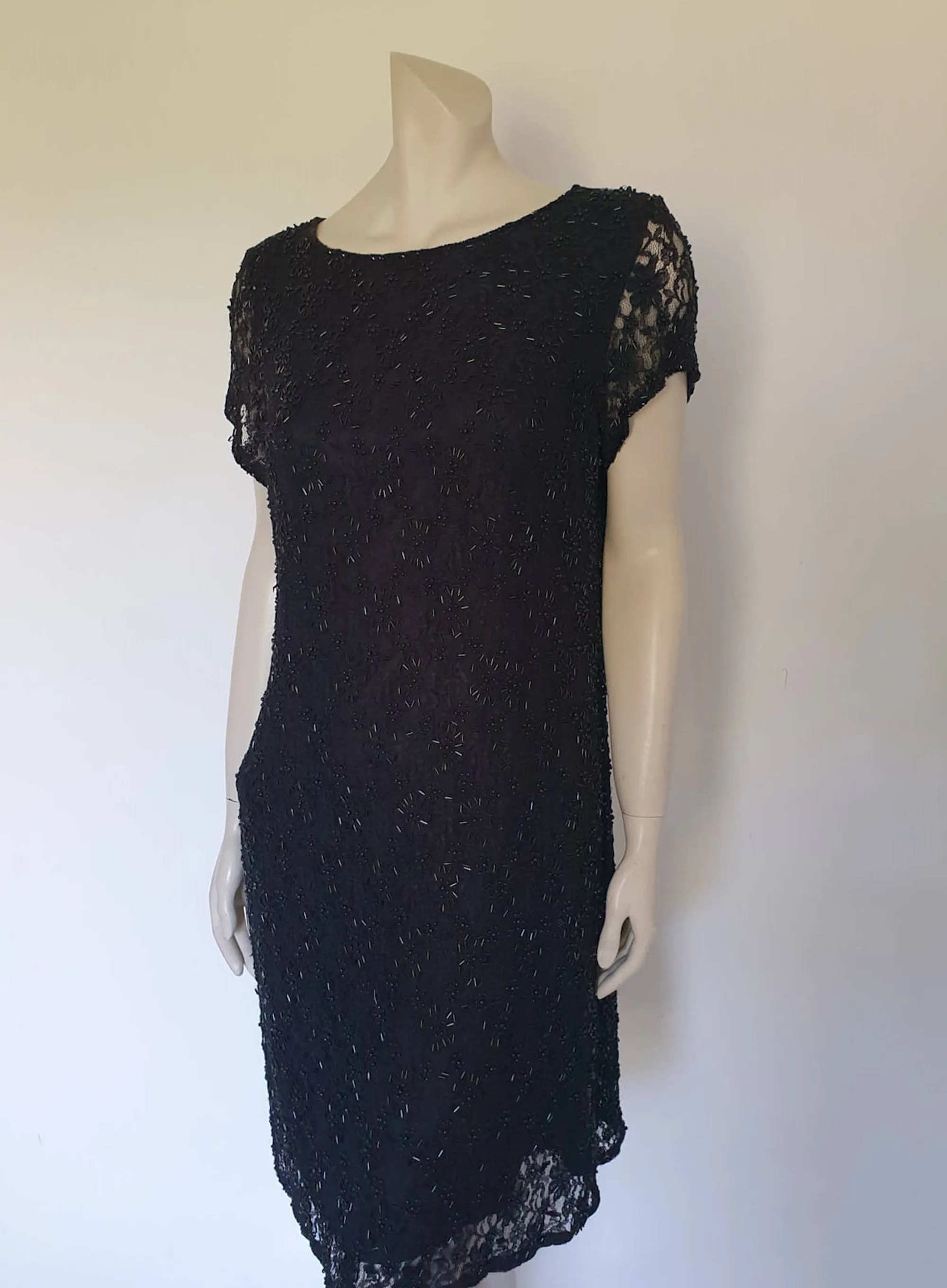 Black Beaded Lace Cocktail Dress - L