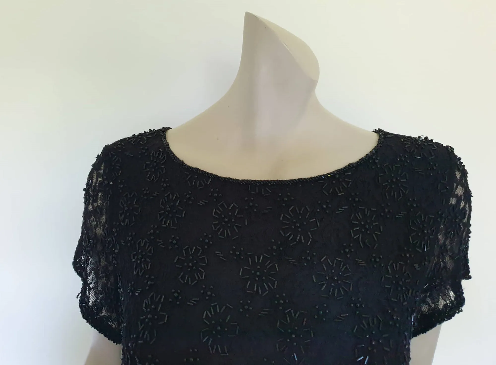 Black Beaded Lace Cocktail Dress - L