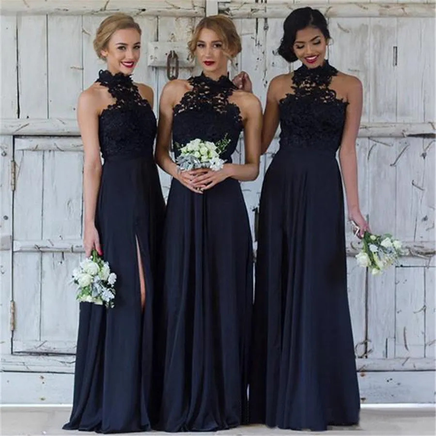 black bridesmaid dresses long lace appliqué halter chiffon vintage wedding party dresses 2020