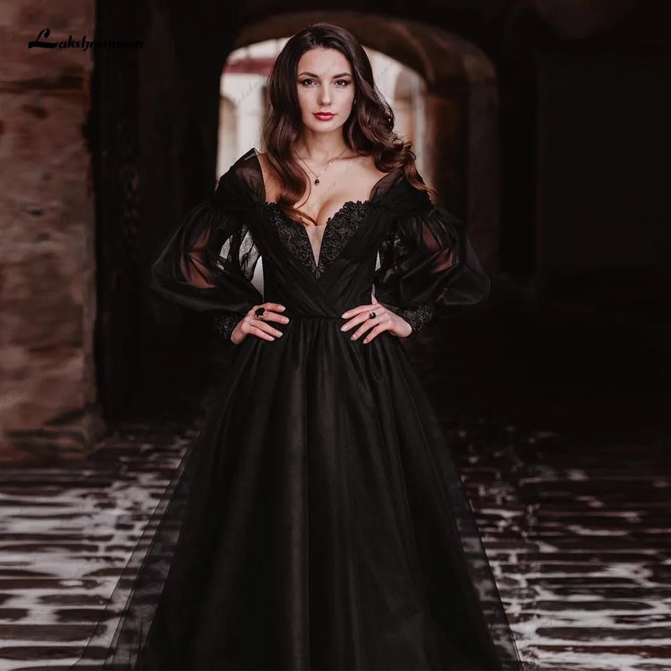 Black Dress Women Puffy Long Sleeve Wedding Gowns  Gothic Bridal Dresses