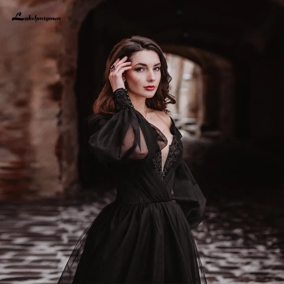 Black Dress Women Puffy Long Sleeve Wedding Gowns  Gothic Bridal Dresses