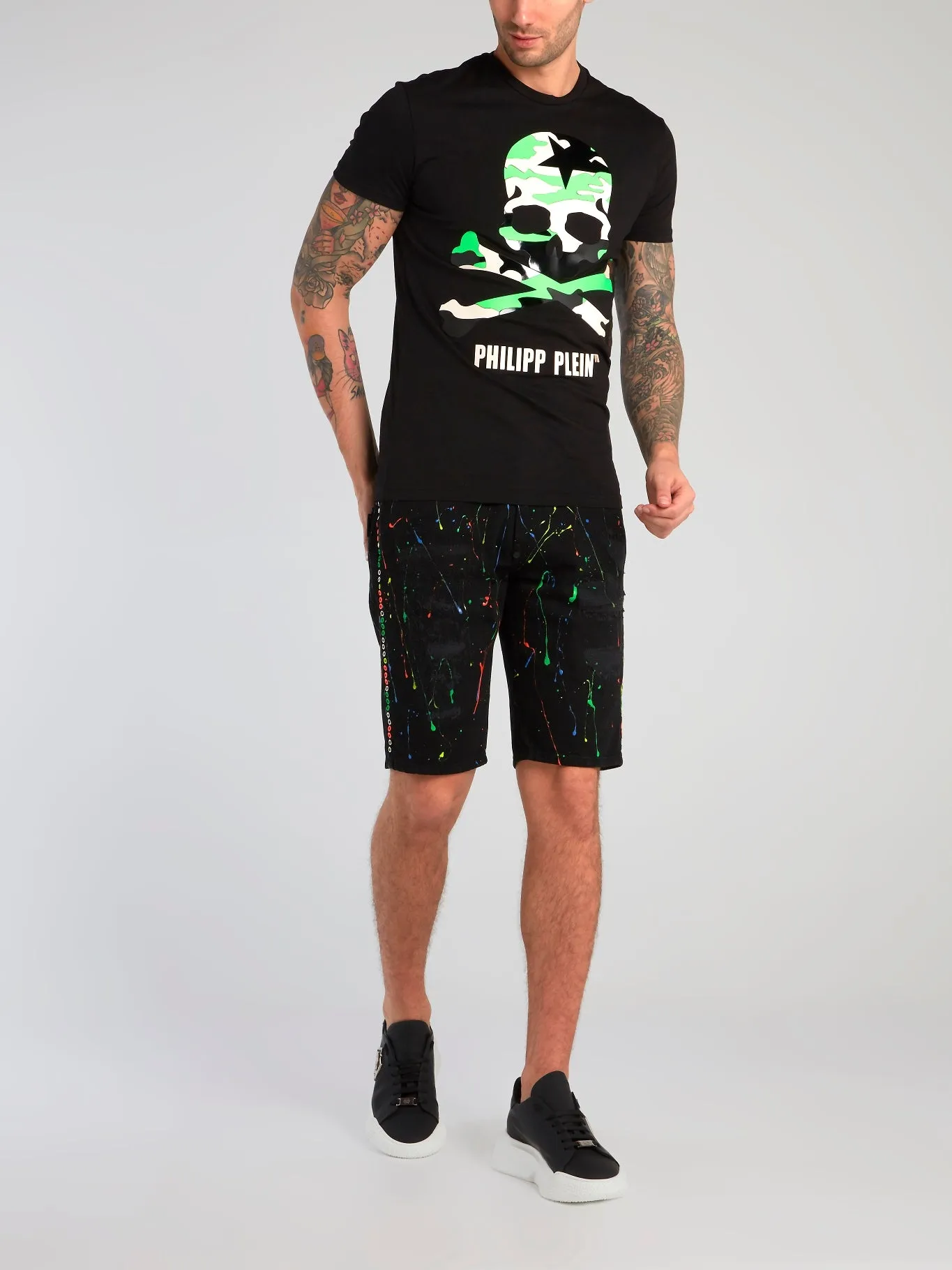 Black Paint Splatter Distressed Bermudas