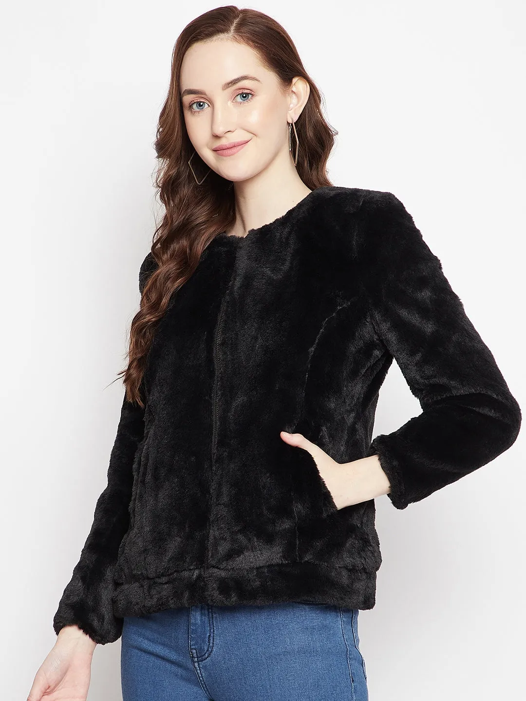 Black Round Neck Fur Blazer