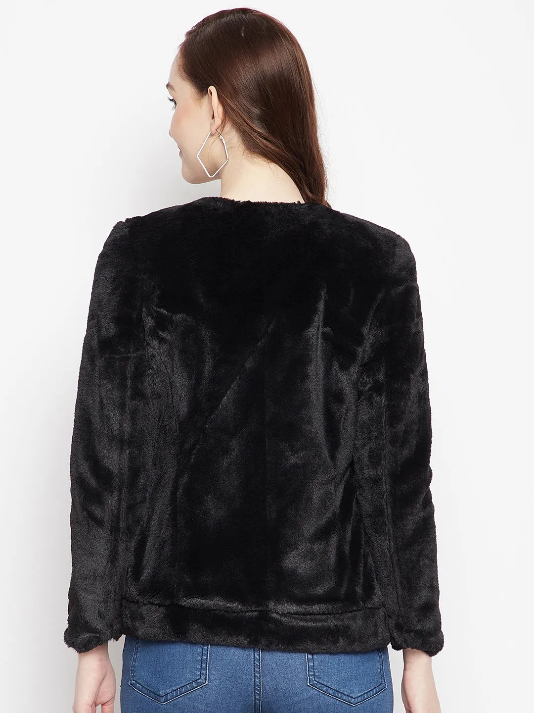 Black Round Neck Fur Blazer