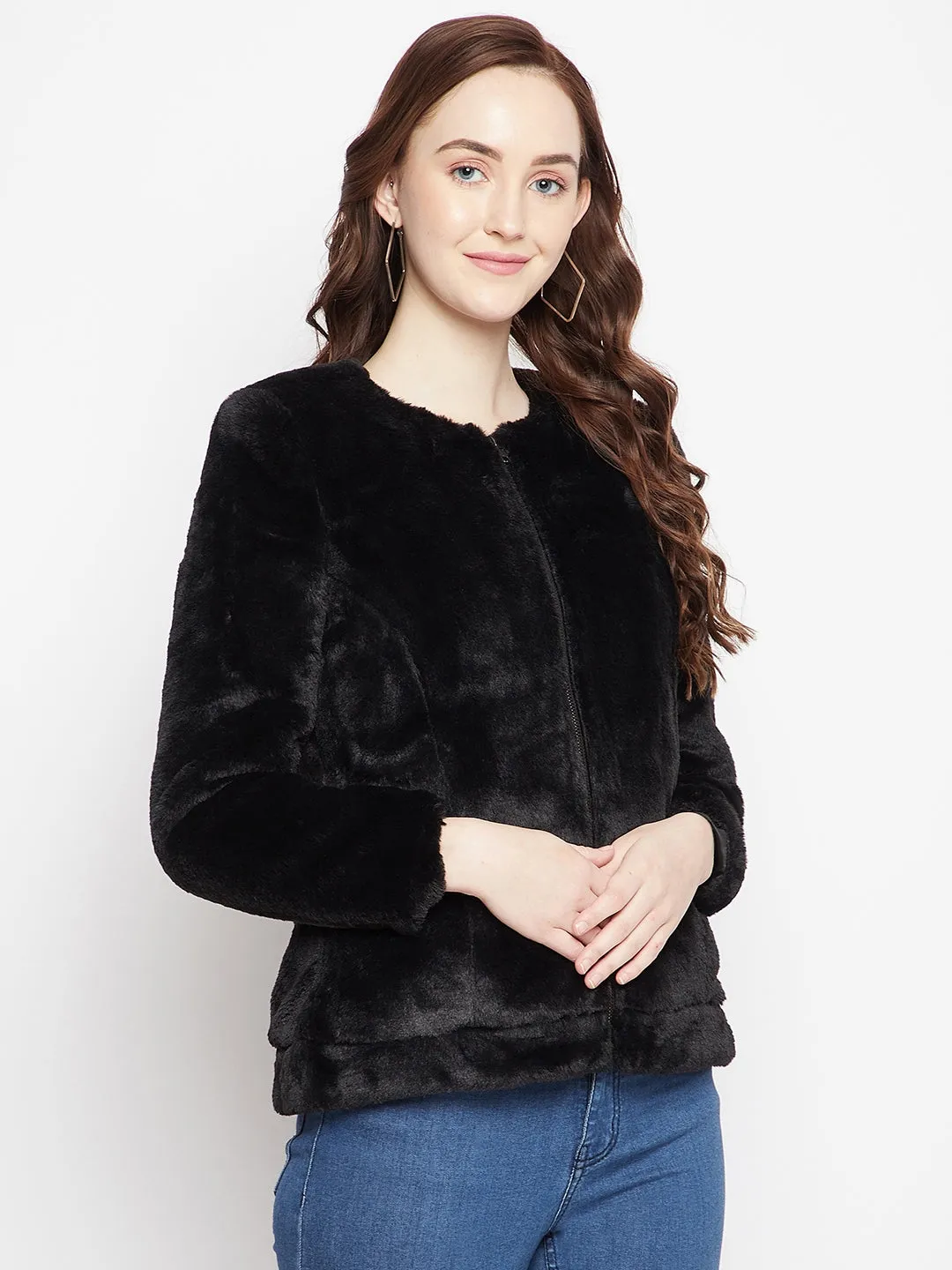 Black Round Neck Fur Blazer