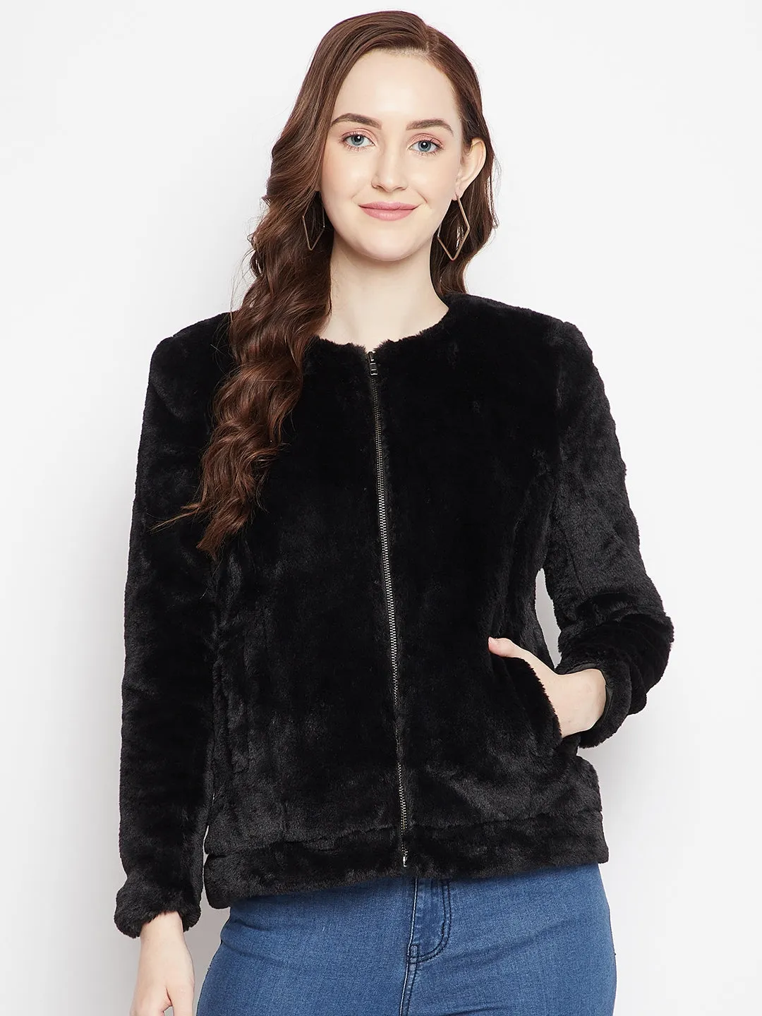 Black Round Neck Fur Blazer