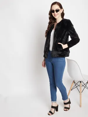 Black Round Neck Fur Blazer