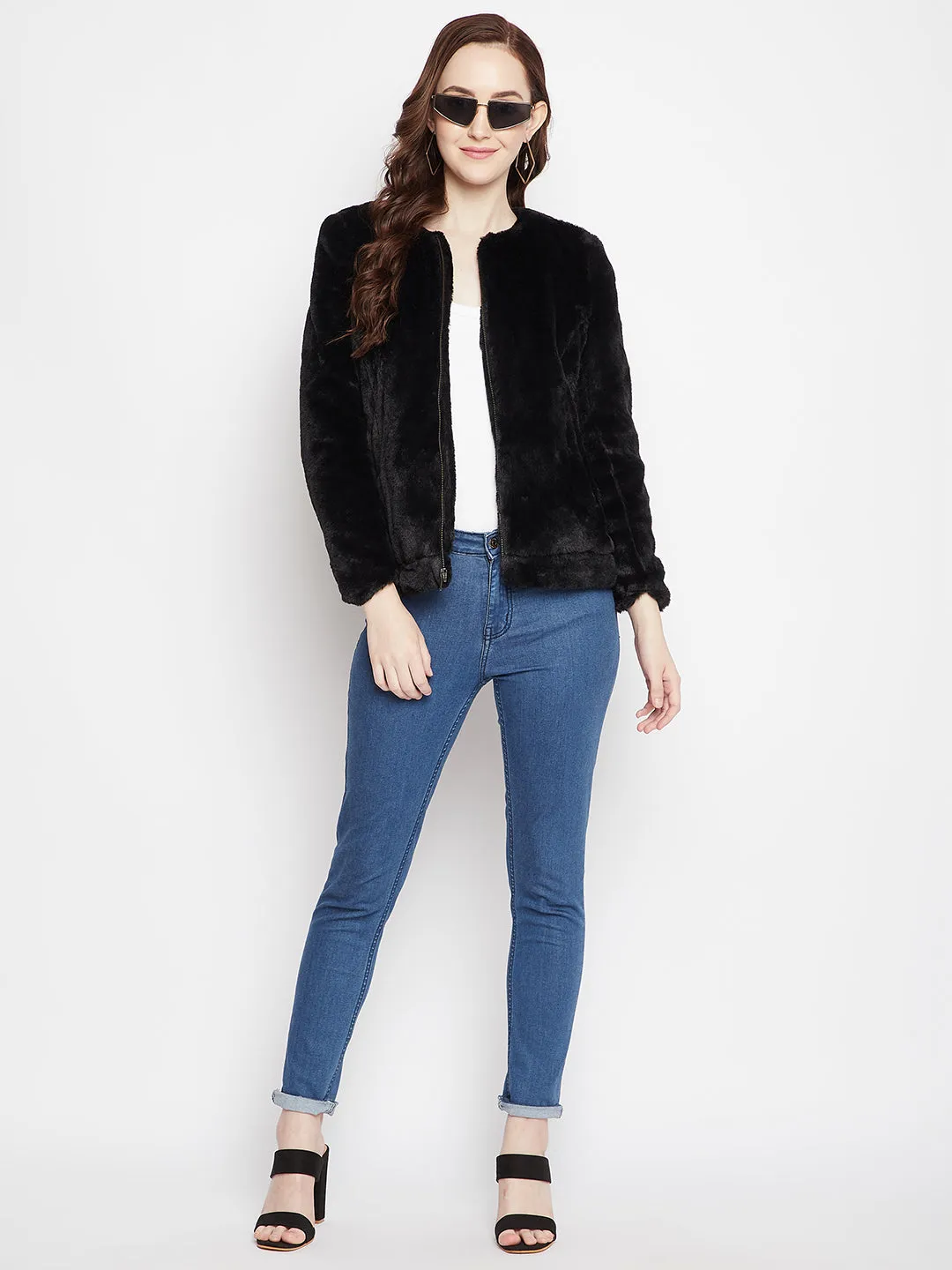Black Round Neck Fur Blazer