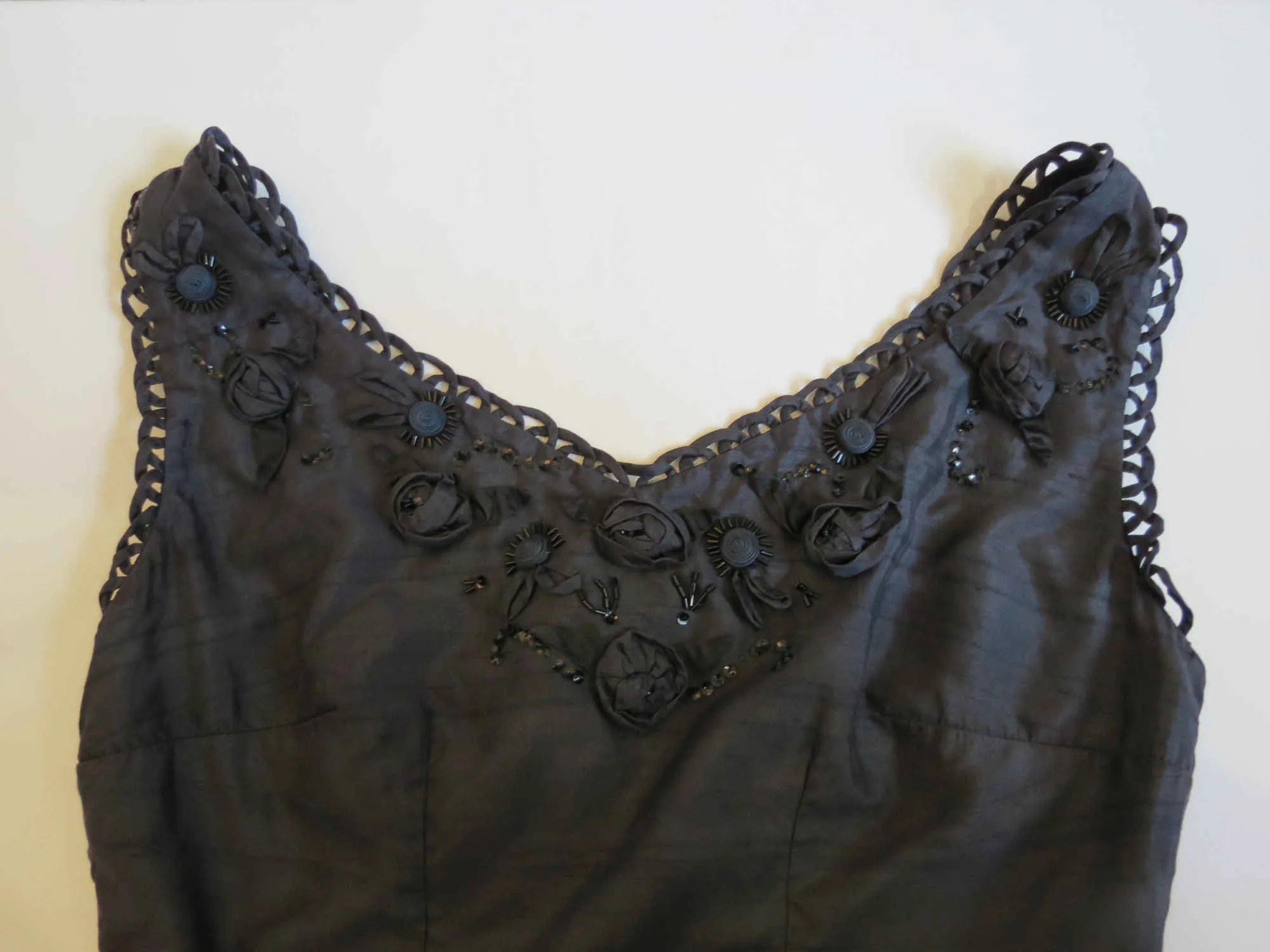 Black Silk Evening Gown With Flower Trim - 1960s - Bust 90 cm