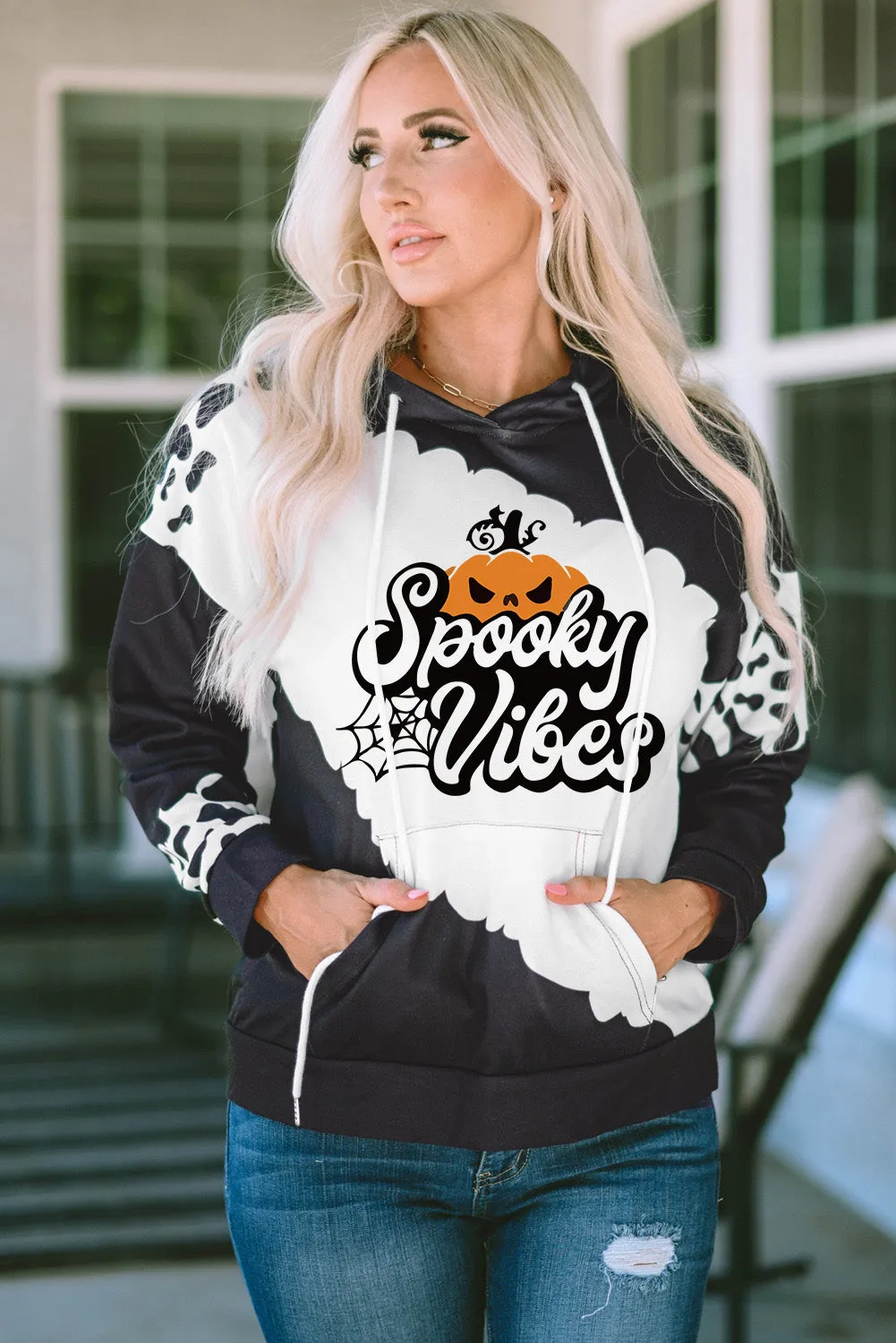 Black Spooky Vibes Graphic Western Fashion Halloween Hoodie