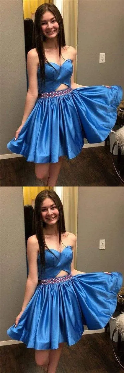 Blue Sweetheart Unique Strapless A-line Short Homecoming Dresses with Ruffles, QB0536