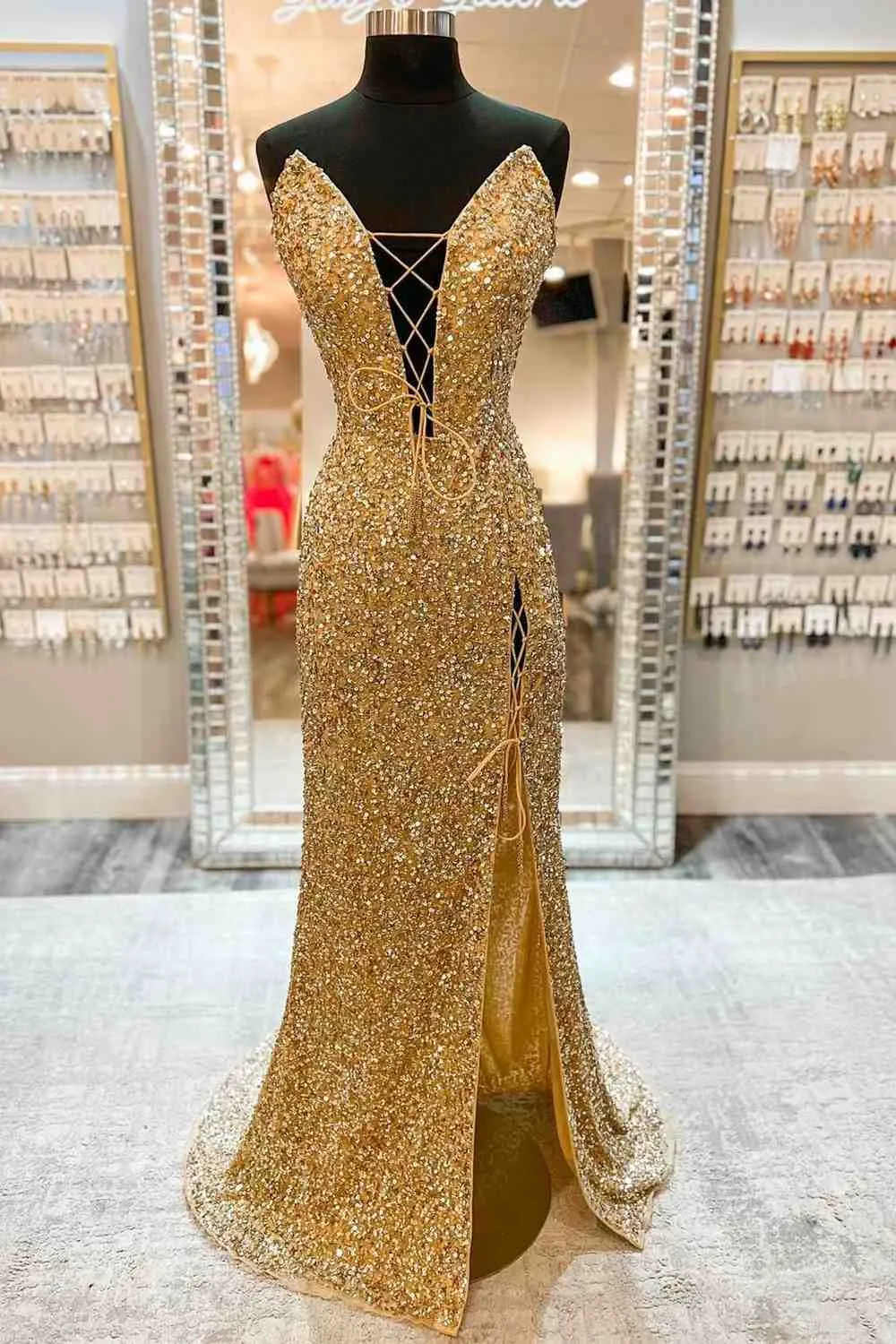 Blue V Neck Sequins Prom Dresses Mermaid Long Evening Dress Lace-Up Front Slit