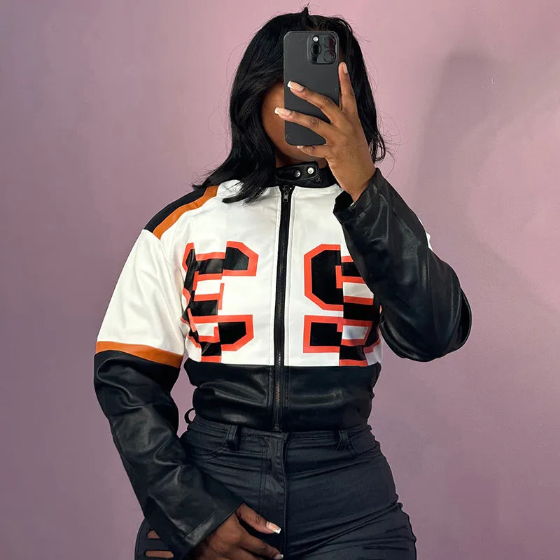 Bold Contrast PU Leather High-Collar Zipper Jacket