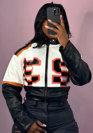 Bold Contrast PU Leather High-Collar Zipper Jacket