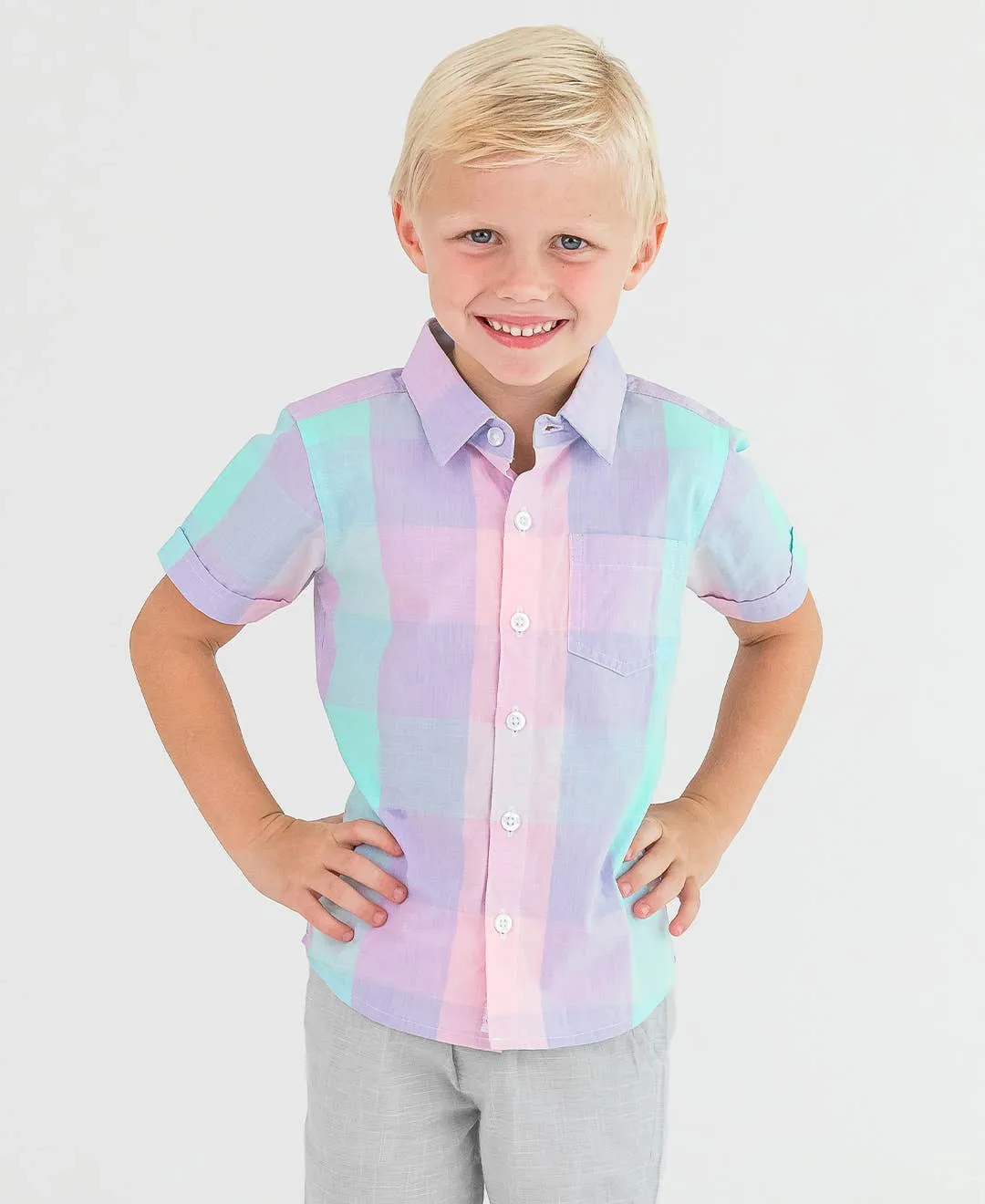Boys Cotton Candy Plaid Short Sleeve Button Down Shirt 12778