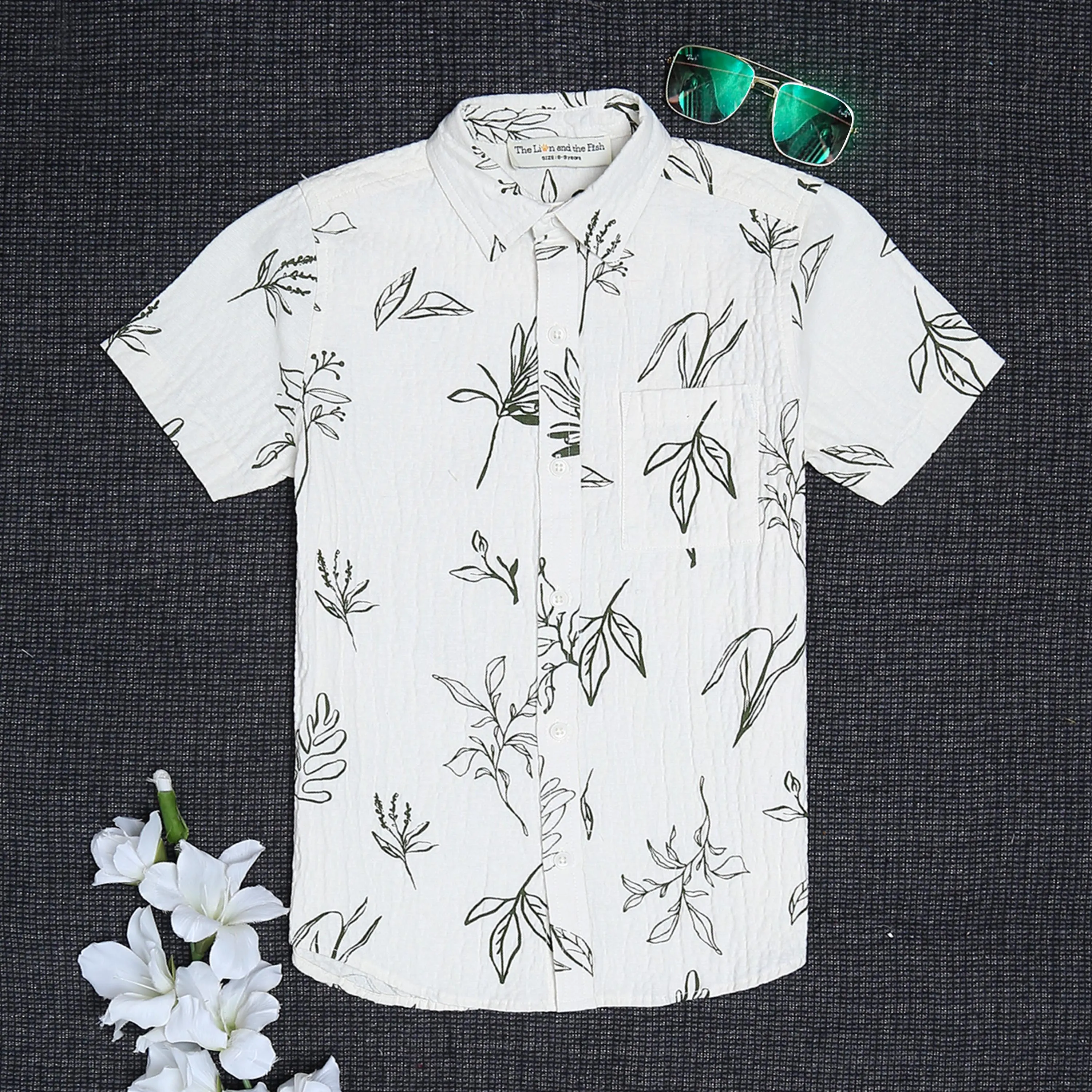Boys Printed Seersucker Shirt With Pocket Warm White