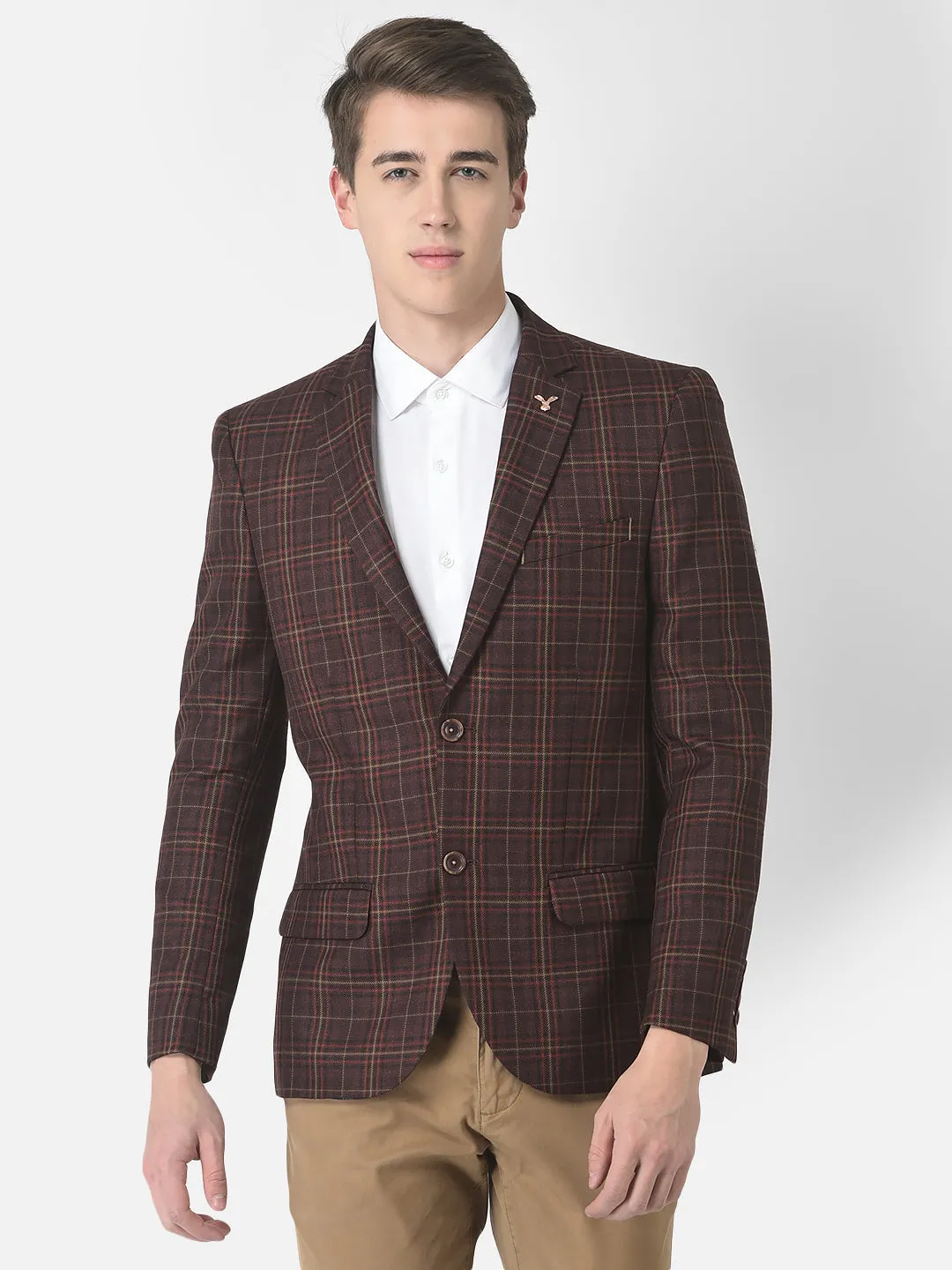 Brown Tartan-Checked Blazer