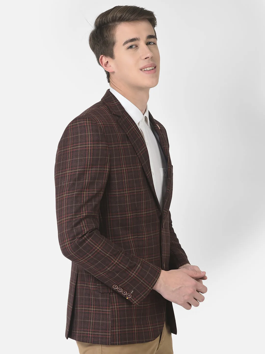 Brown Tartan-Checked Blazer