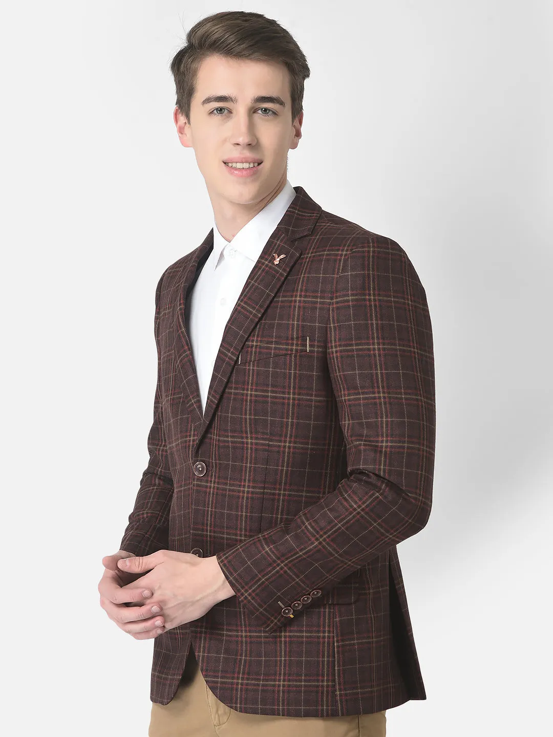 Brown Tartan-Checked Blazer