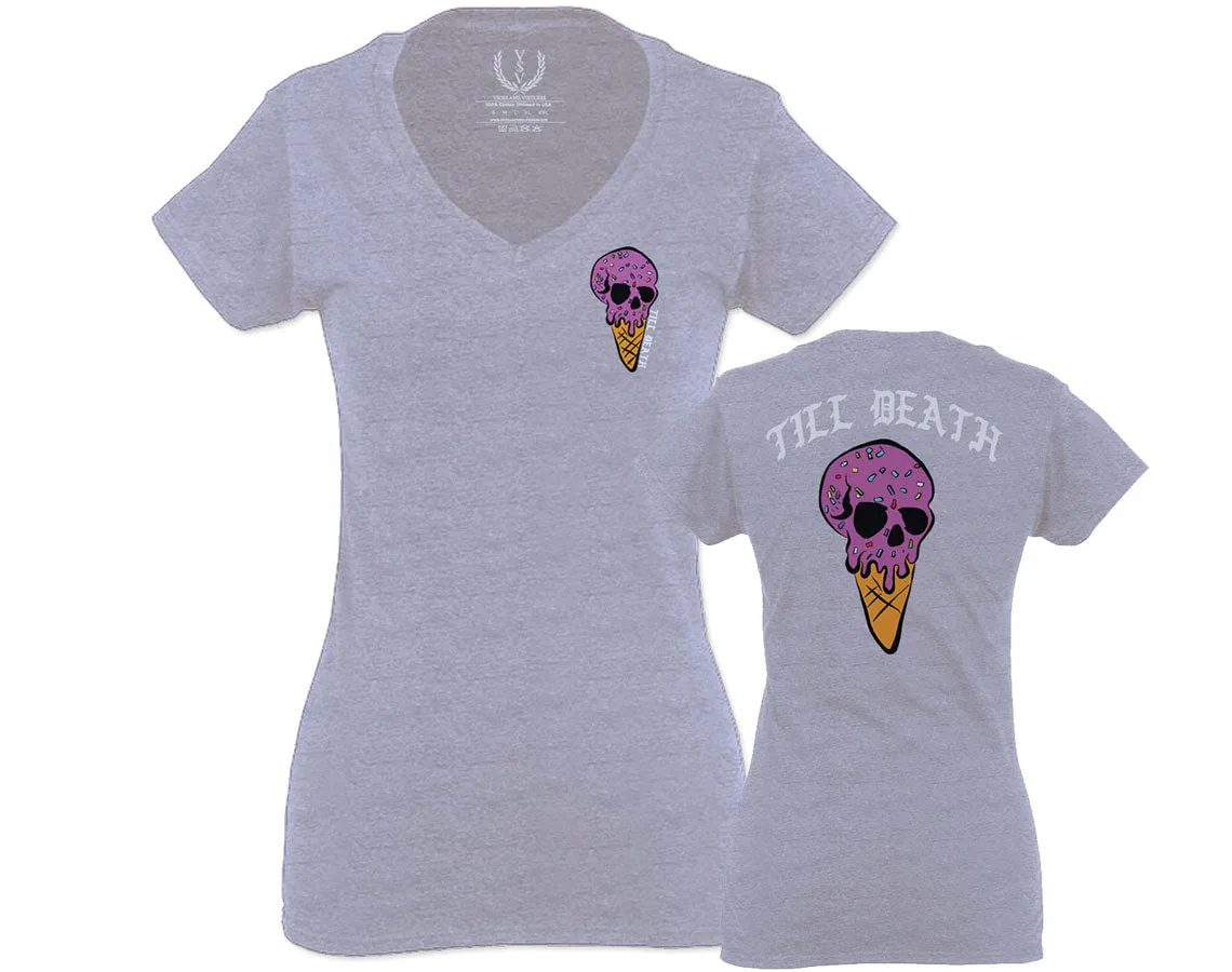 Candy Ice Cream Skull Summer Cool Graphic Till Death Obei Society For Women V neck fitted T Shirt