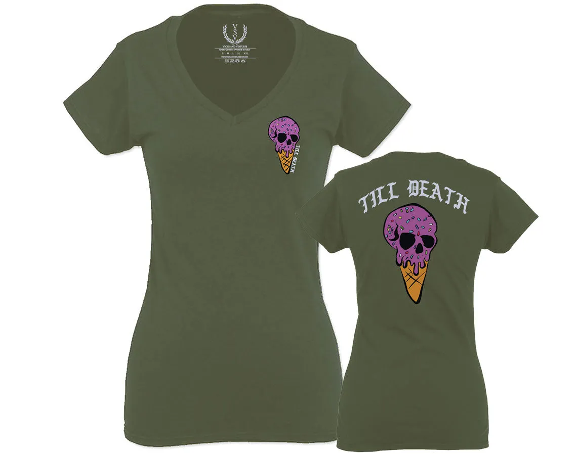 Candy Ice Cream Skull Summer Cool Graphic Till Death Obei Society For Women V neck fitted T Shirt