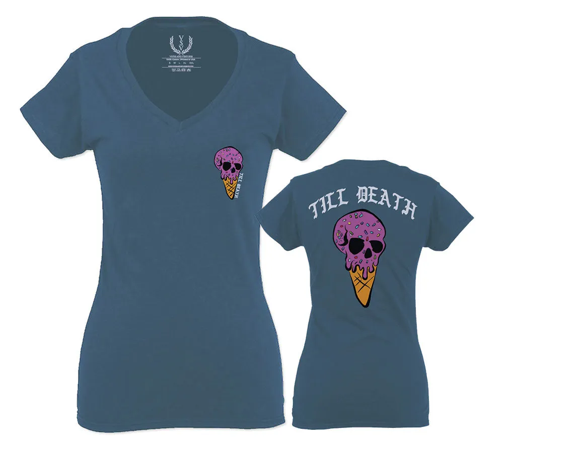 Candy Ice Cream Skull Summer Cool Graphic Till Death Obei Society For Women V neck fitted T Shirt