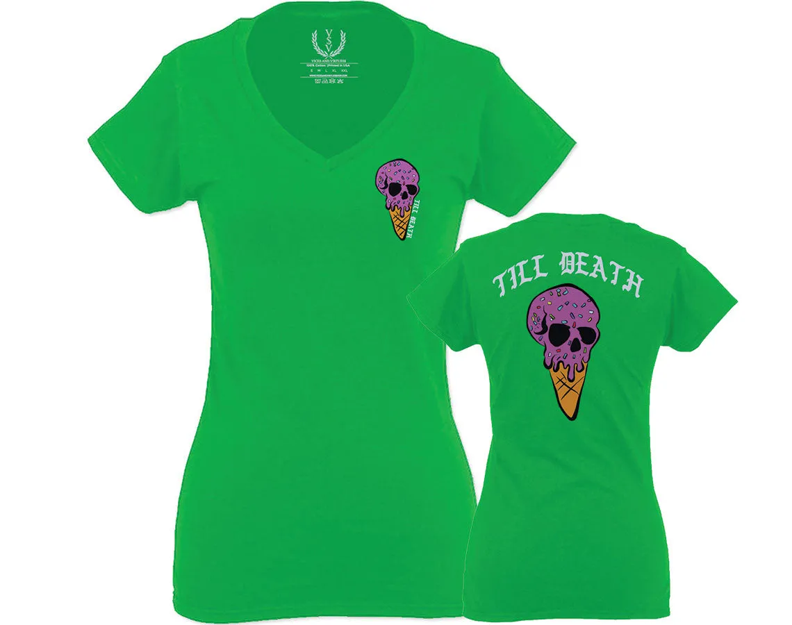 Candy Ice Cream Skull Summer Cool Graphic Till Death Obei Society For Women V neck fitted T Shirt