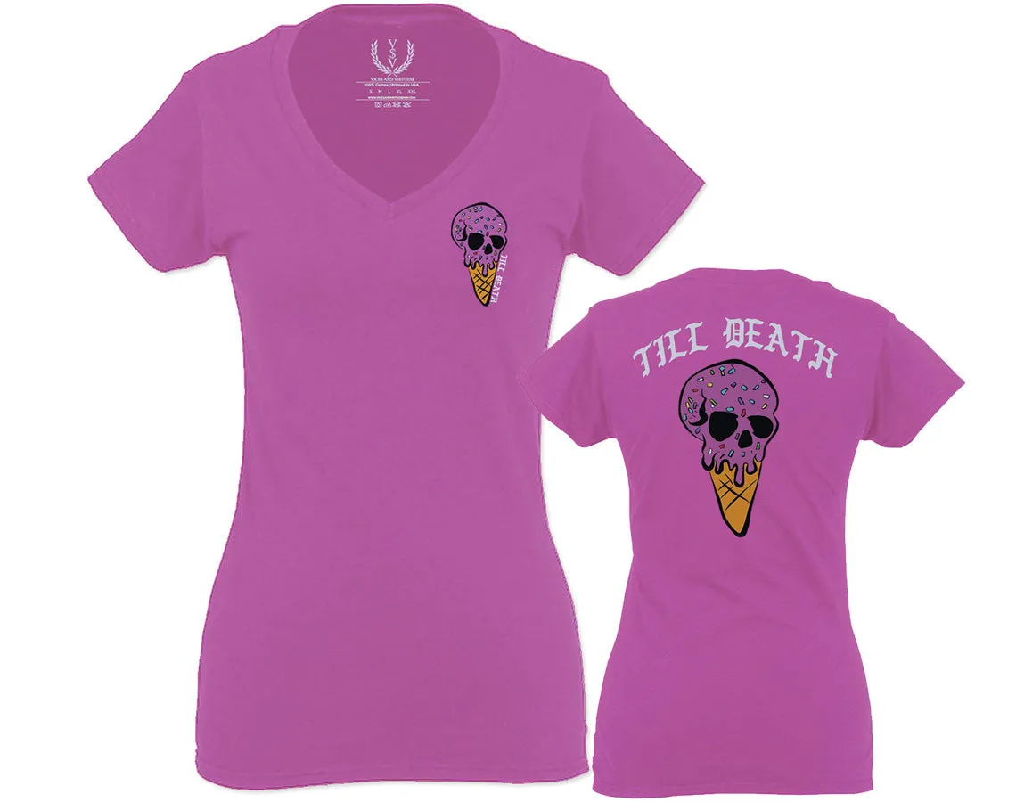 Candy Ice Cream Skull Summer Cool Graphic Till Death Obei Society For Women V neck fitted T Shirt