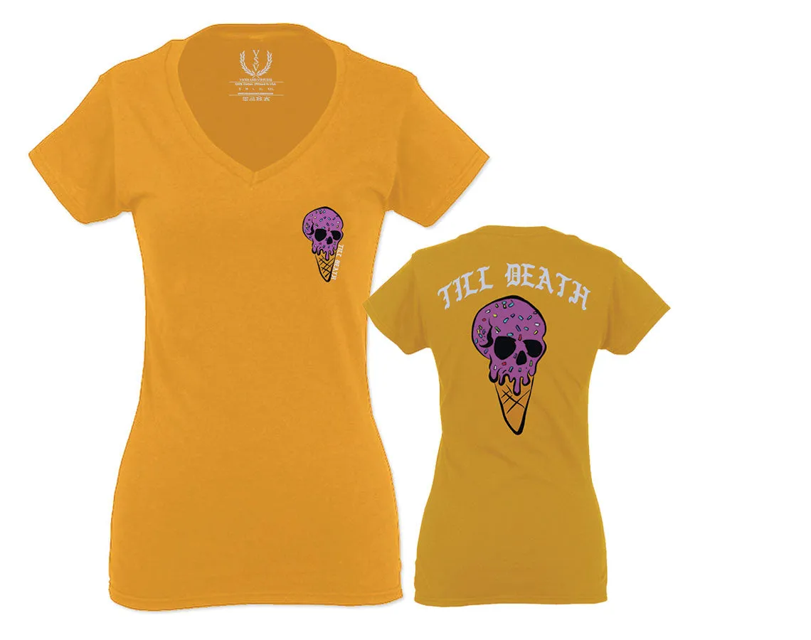 Candy Ice Cream Skull Summer Cool Graphic Till Death Obei Society For Women V neck fitted T Shirt