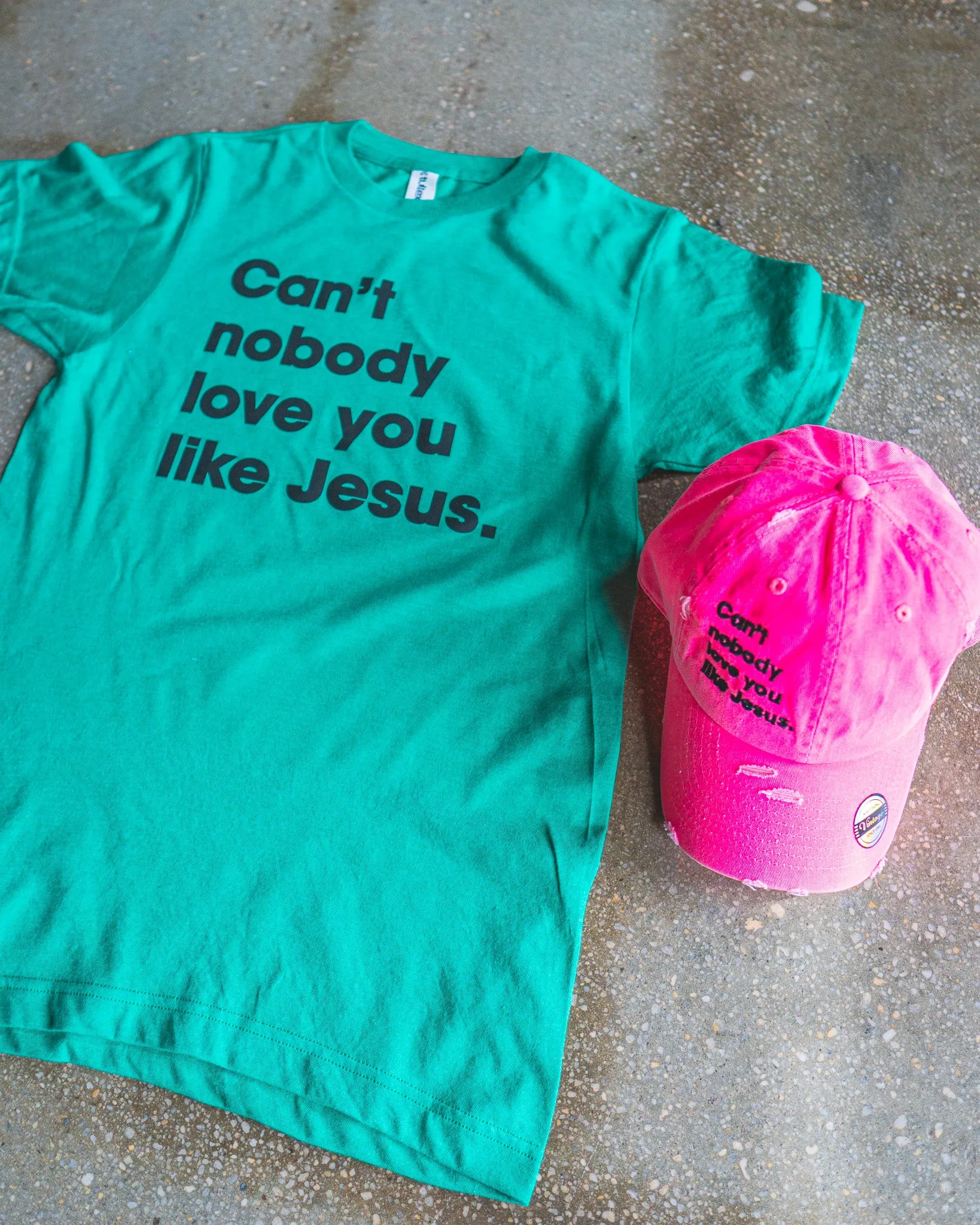 Can't Nobody Love You Like Jesus Adult Box T-Shirt & Neon Pink Distressed Hat Bundle