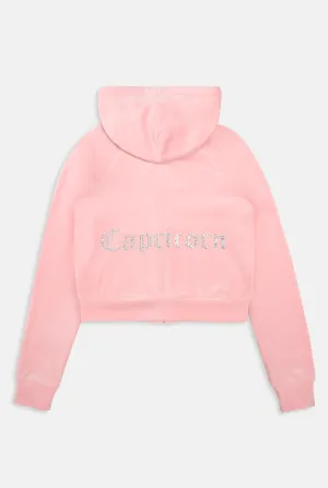 'CAPRICORN' JUICY PINK DIAMANTÉ VELOUR ZIP-THROUGH HOODIE