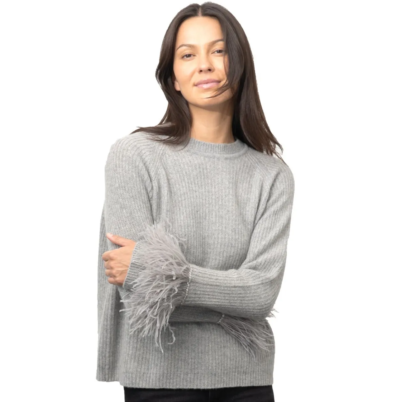 Cashmere Boyfriend Sweater w. Feather Cuffs