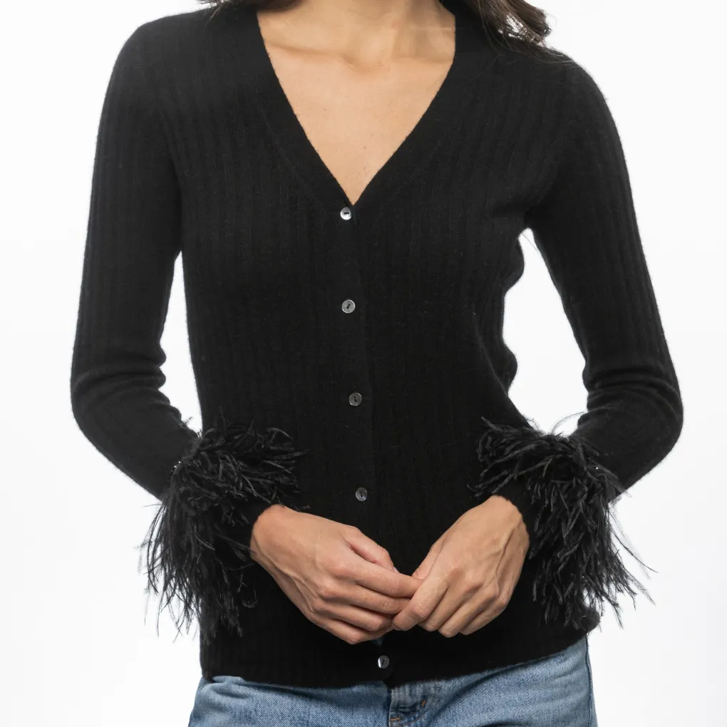 Cashmere Feather Cuff Cardigan - Black