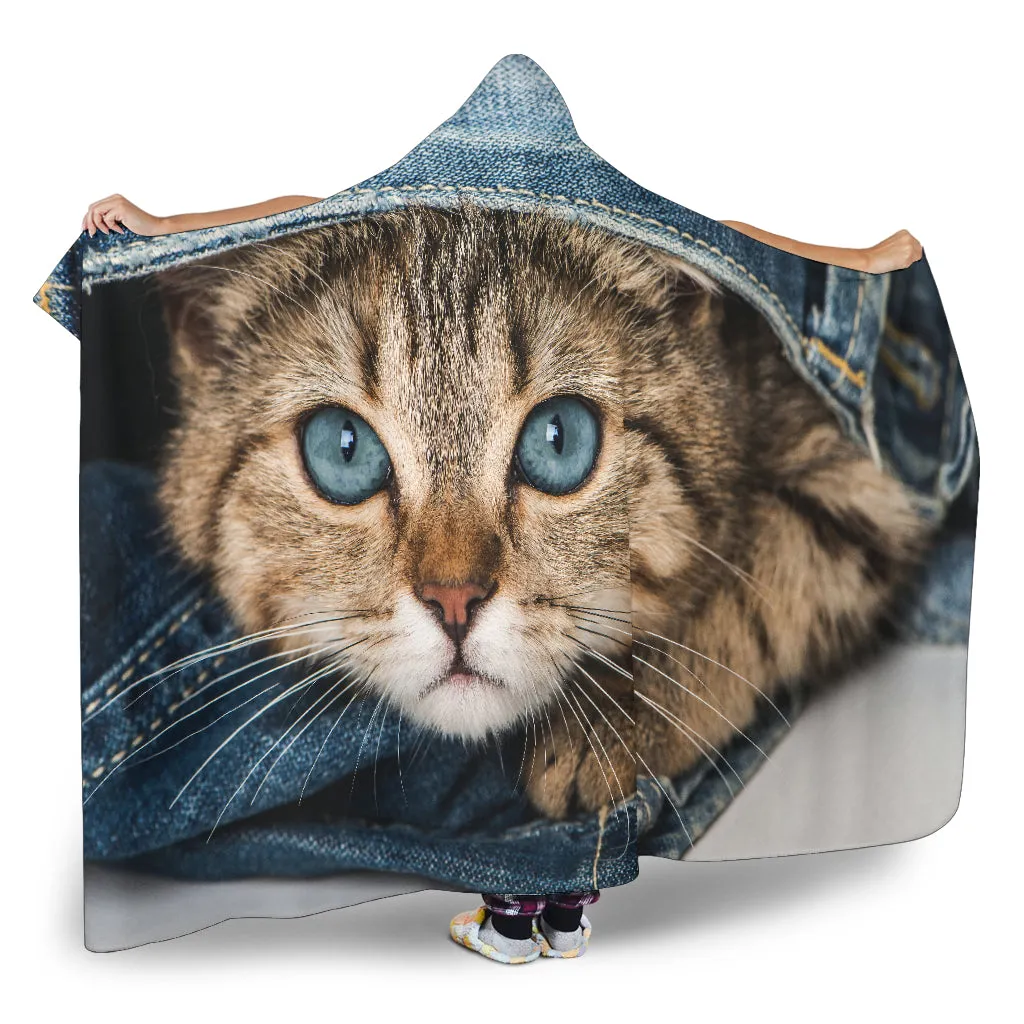 Cat Peeking Out Of Jeans Hooded Blanket