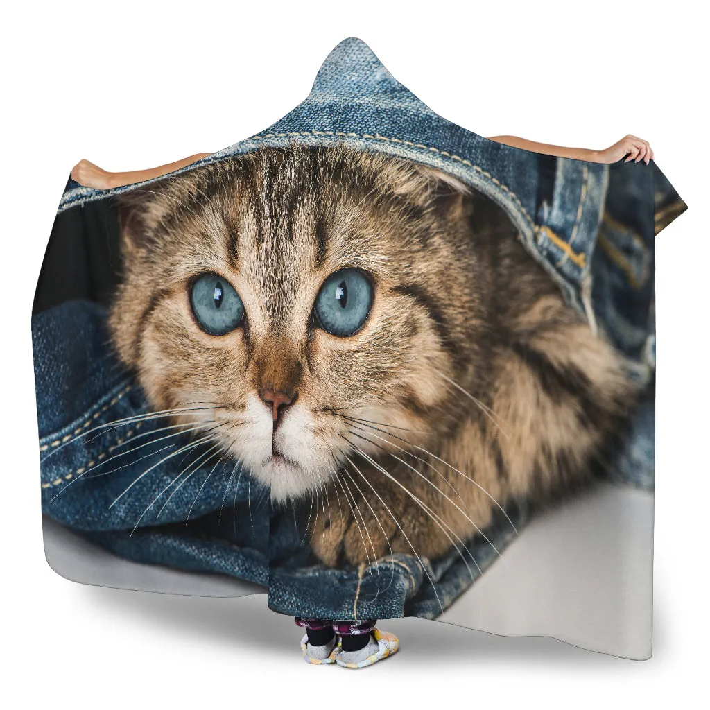 Cat Peeking Out Of Jeans Hooded Blanket