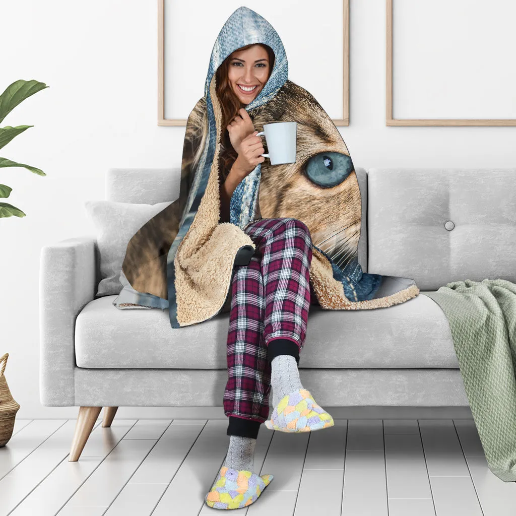 Cat Peeking Out Of Jeans Hooded Blanket