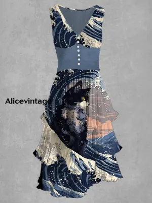 CAT  Print V Neck Retro Chic Midi Dress