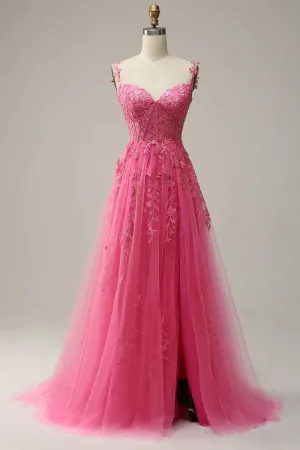 Cheap Hot Pink Lace Corset Prom Dresses A Line Formal Gowns