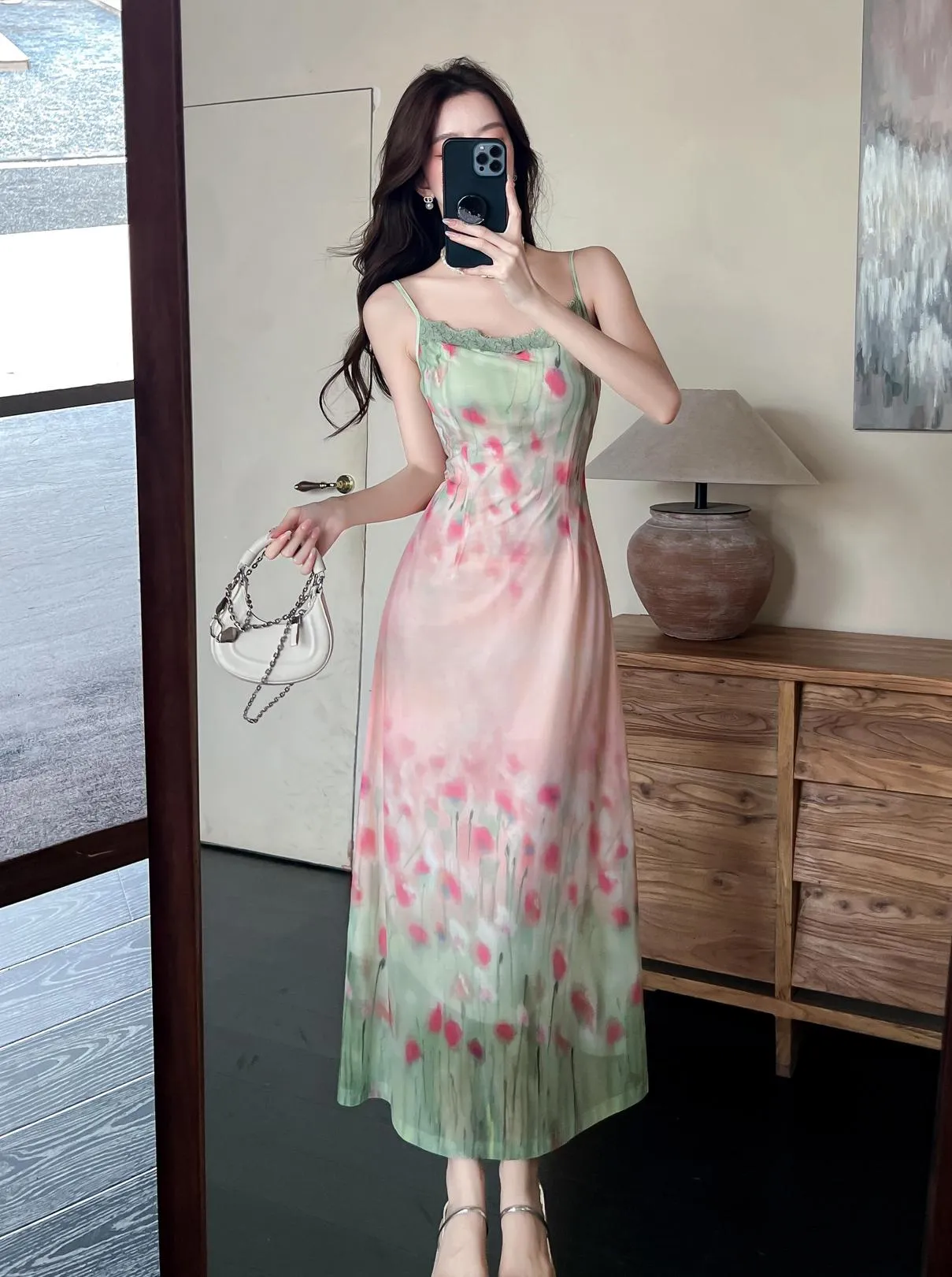 Chic Retro Slinky Flower Pattern Cami Dress