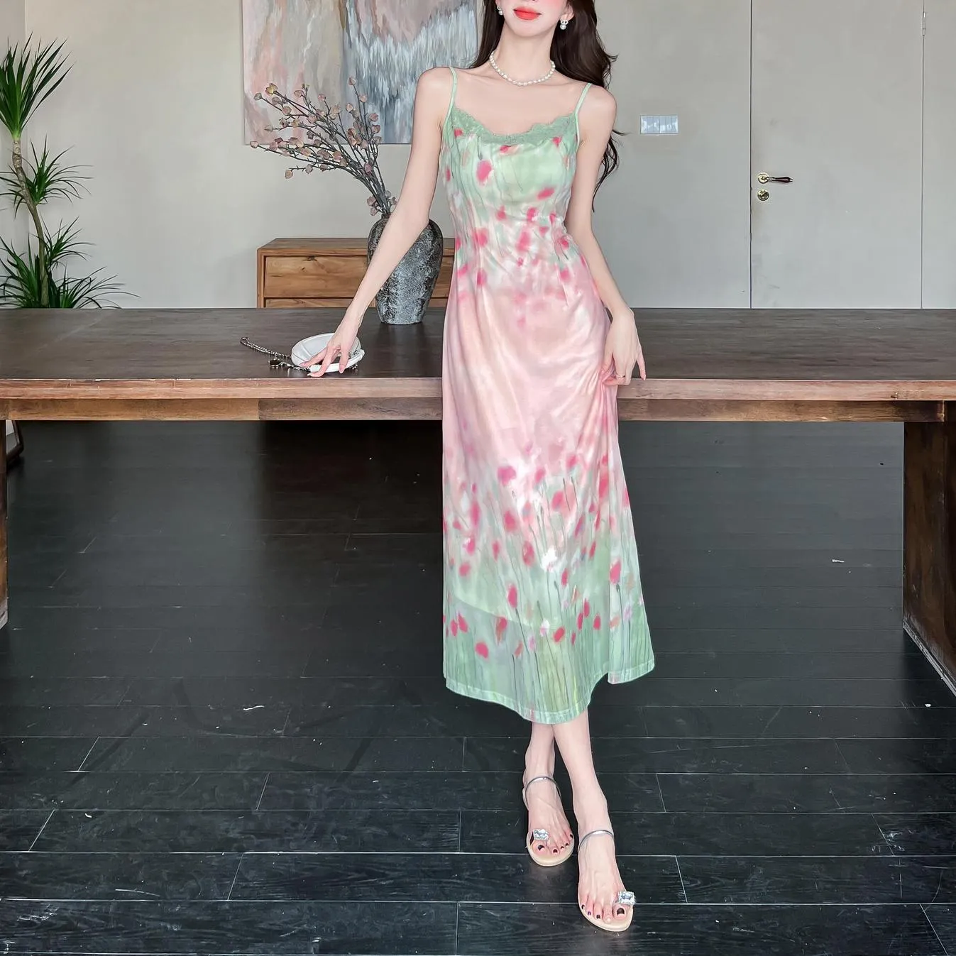 Chic Retro Slinky Flower Pattern Cami Dress