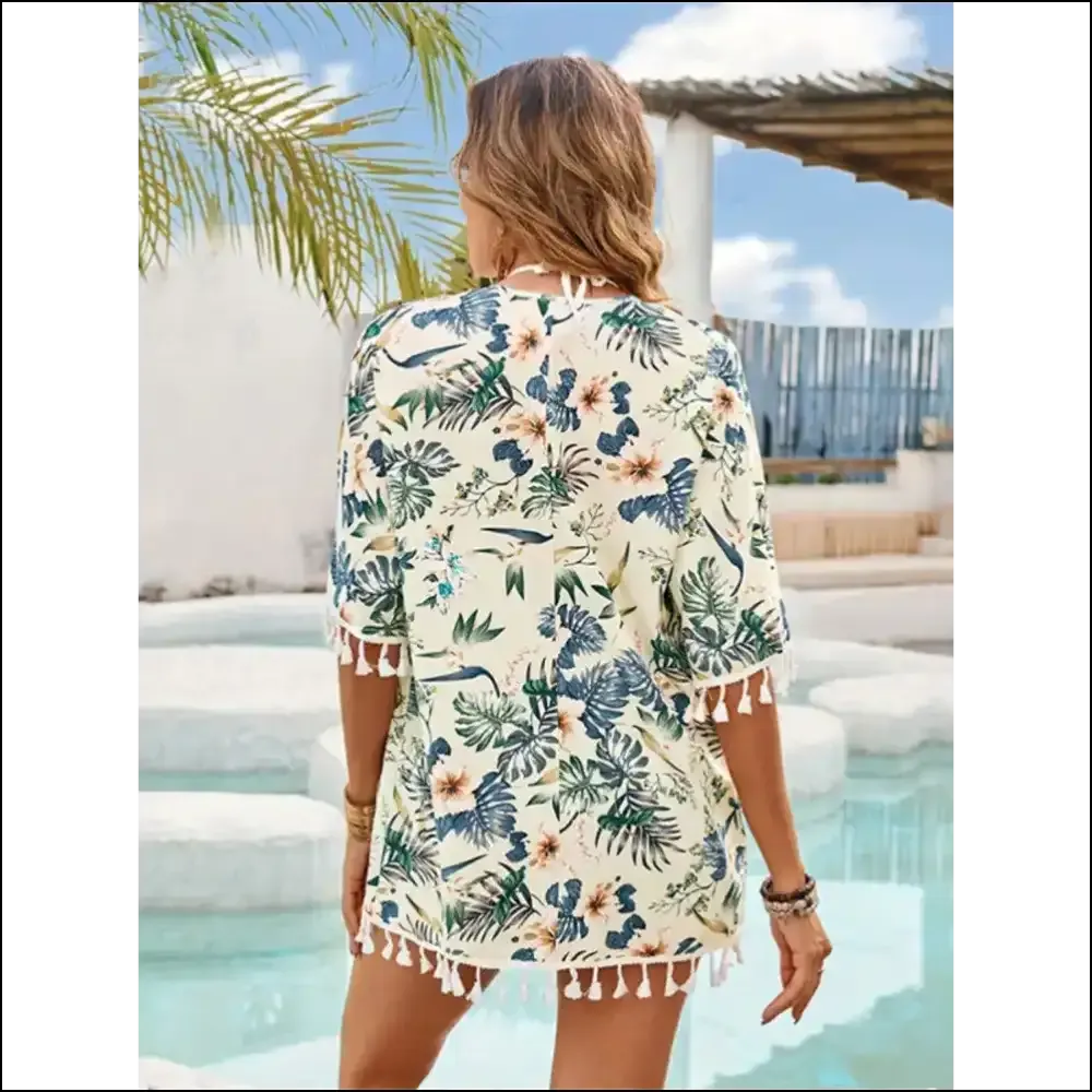 Chic Tassel Printed Open Front Half Sleeve Cover-Up