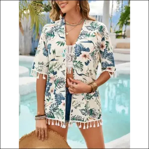 Chic Tassel Printed Open Front Half Sleeve Cover-Up